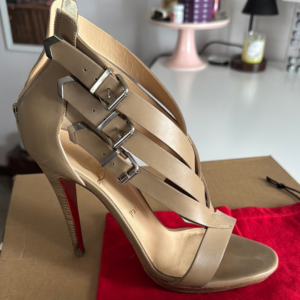 Christian Louboutin Beige Strappy High-Heel Sandals with Red Soles